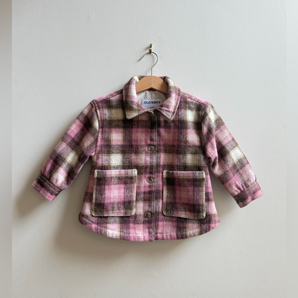 Old Navy Baby Plaid Pocket Shacket Pink Brown Cream Size 18-24 Months Girls